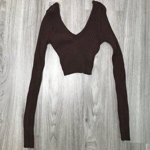 Hera Womens Sweater Crop Top Brown Long Sleeve Small